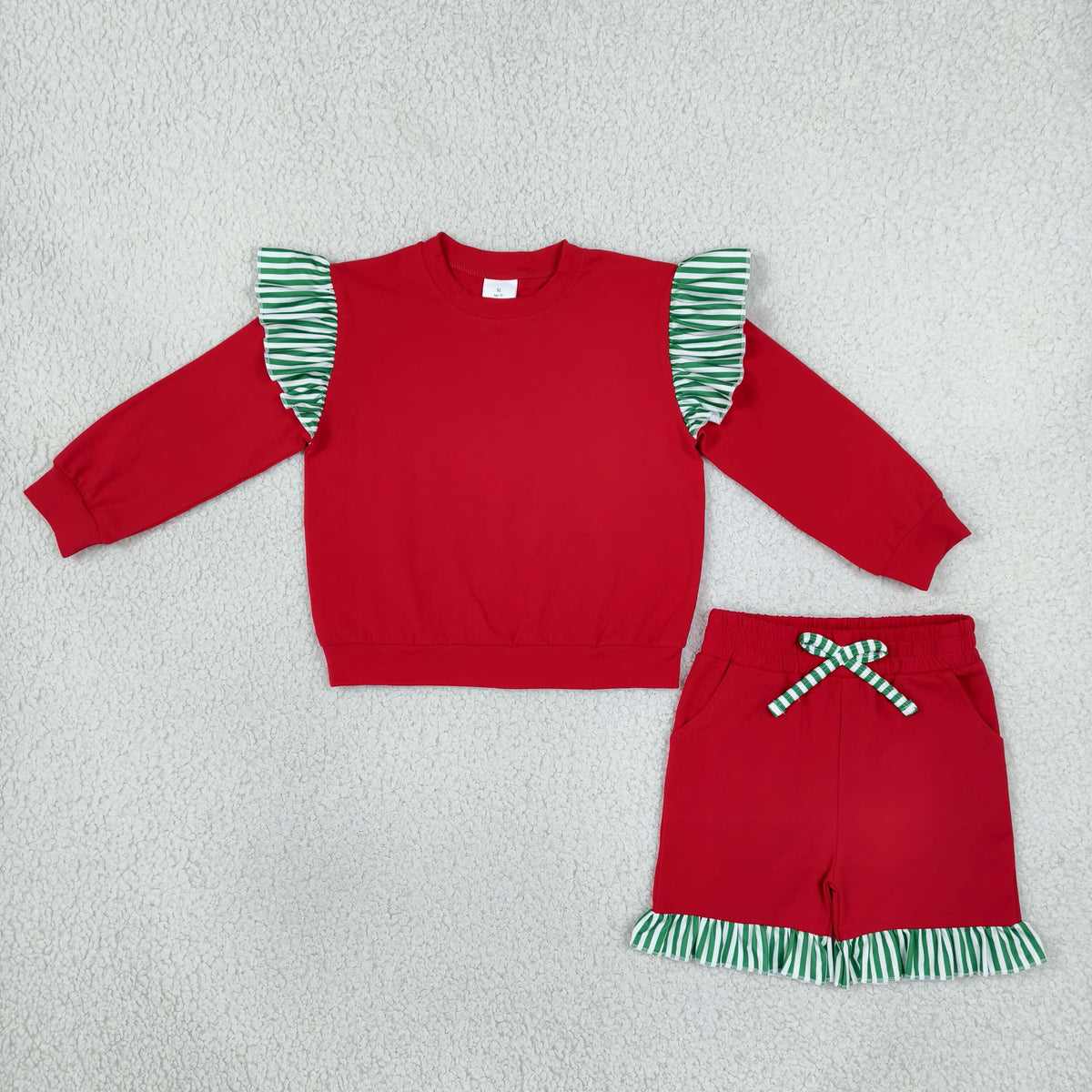 NEW RTS NO MOQ milk silk GLS0217（GT1844+SS0997）Baby Girls Stripe Flutter Sleeve Red Top Pockets Ruffle Short Set