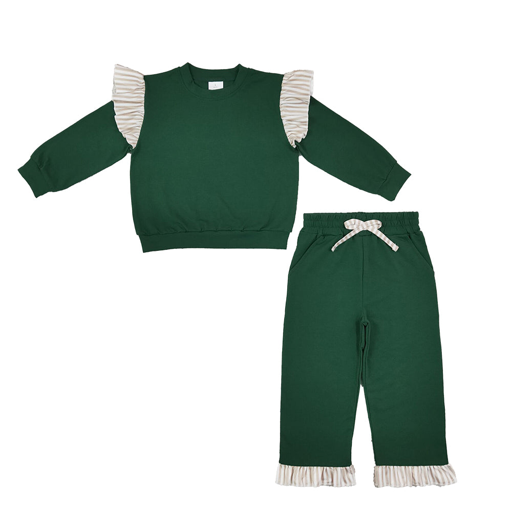 RTS NO MOQ Sibling cotton Baby Girls Solid Top Striped Ruffle Shoulder And Pant Hem Drawstring Pants Set