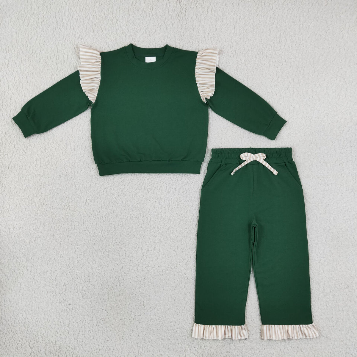 RTS NO MOQ Sibling cotton Baby Girls Solid Color Stripe Ruffle Sleeve Top Ruffle Hem Pant Clothes Set