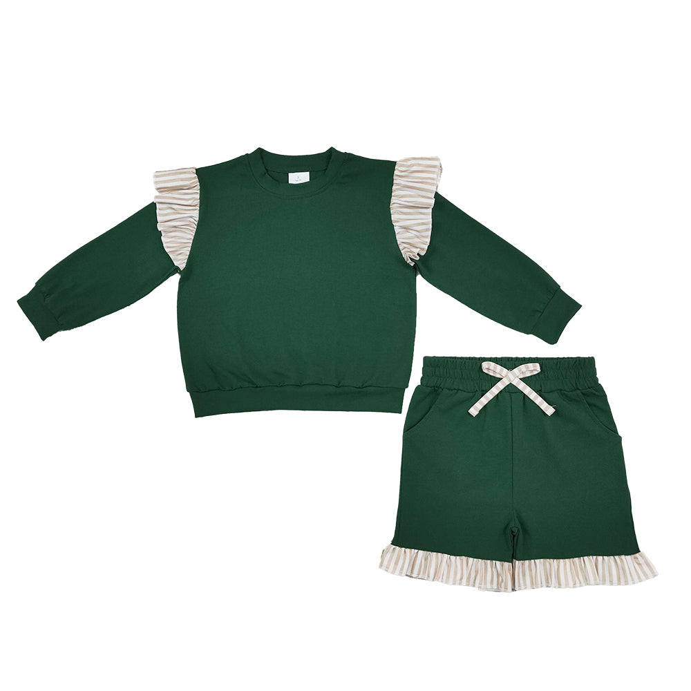 RTS NO MOQ Sibling cotton Baby Girls Solid Long Sleeve Top Striped Ruffle Shoulder And Short Set