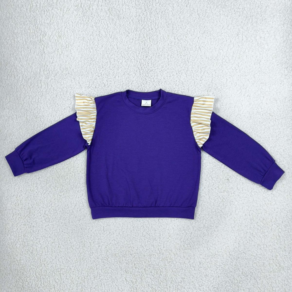 NEW RTS NO MOQ milk silk GT1846 Baby Girls Purple Khaki Stripe Long Flutter Sleeve Casual T Shirts Top For Daily Wear