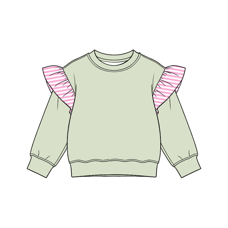 (Preorder new) No moq cotton fabric solid color Baby Girls stripe Flutter long sleeve sweater