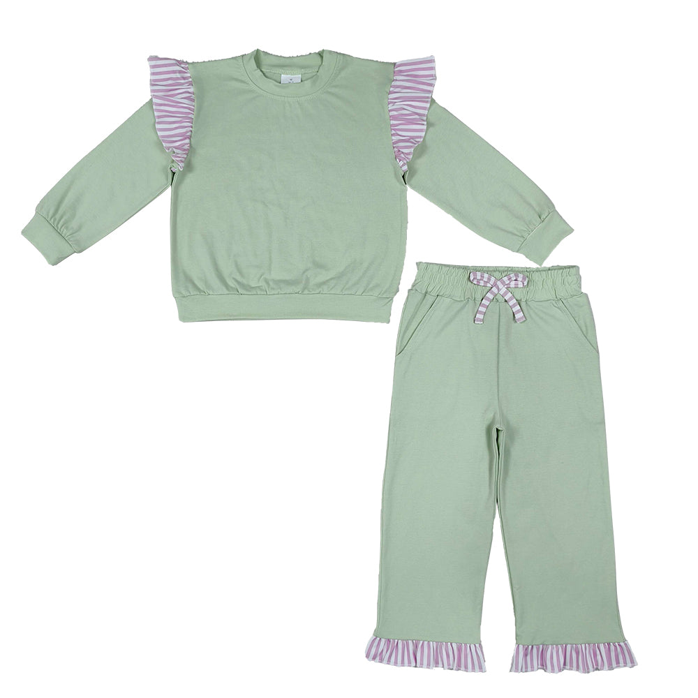 RTS NO MOQ Sibling cotton Baby Girls Solid Top Striped Ruffle Shoulder And Pant Hem Drawstring Pants Set