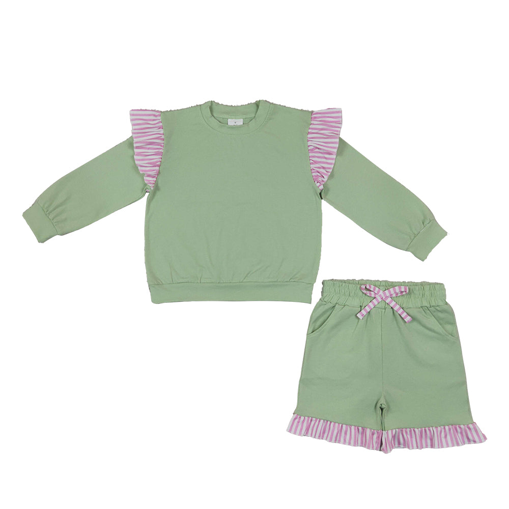 RTS NO MOQ Sibling cotton Baby Girls Solid Long Sleeve Top Striped Ruffle Shoulder And Short Set