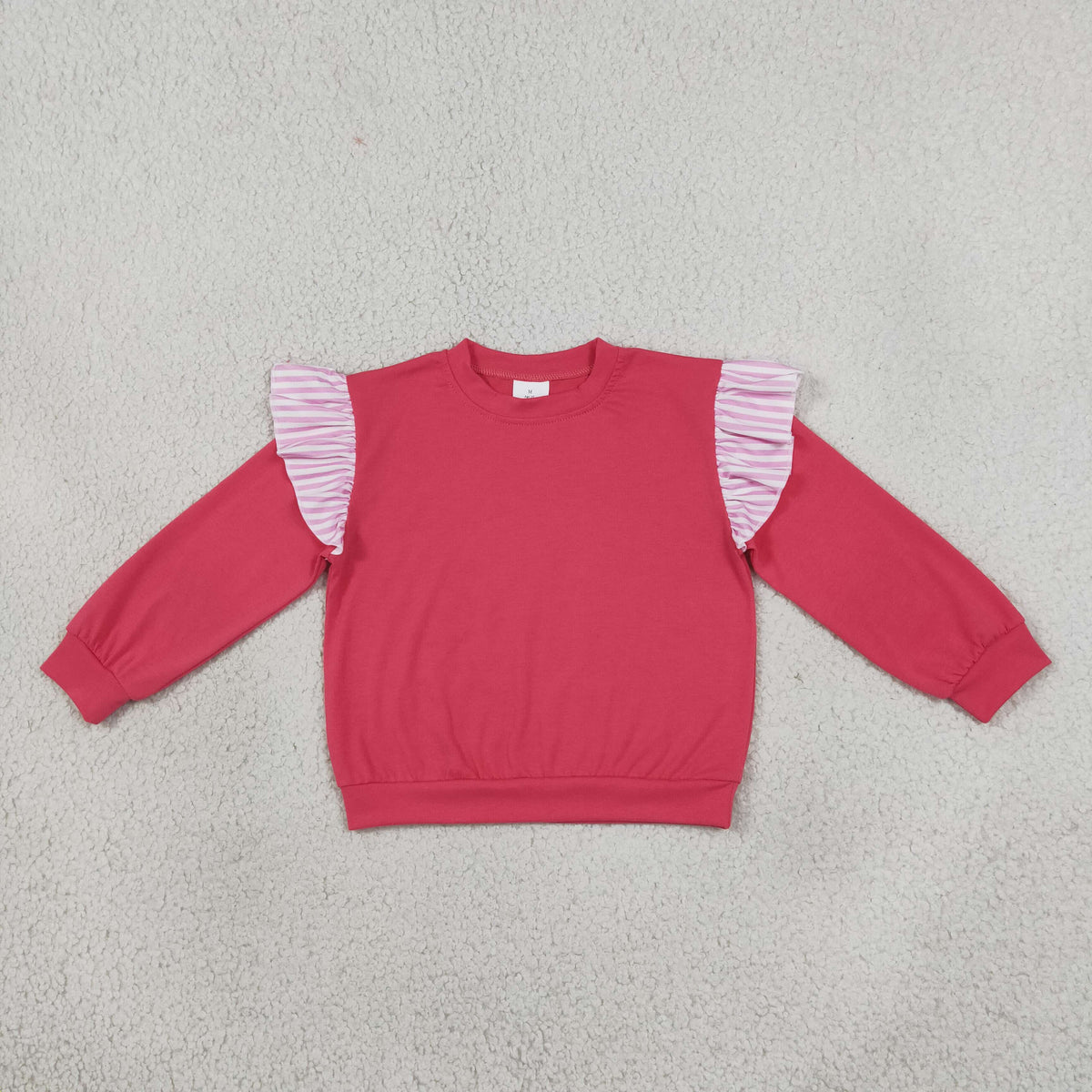 NEW RTS NO MOQ cotton GT1848 Baby Girls Hot Pink Stripe Long Flutter Sleeve Casual T Shirts Top For Daily Wear