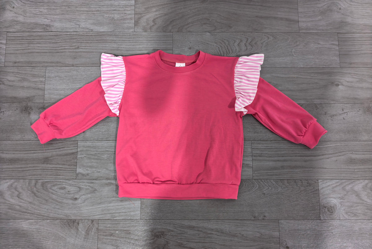 (Sample) No moq cotton GT1848 Baby Girls Hot Pink Stripe Long Flutter Sleeve Casual T Shirts Top For Toddler Daily Wear