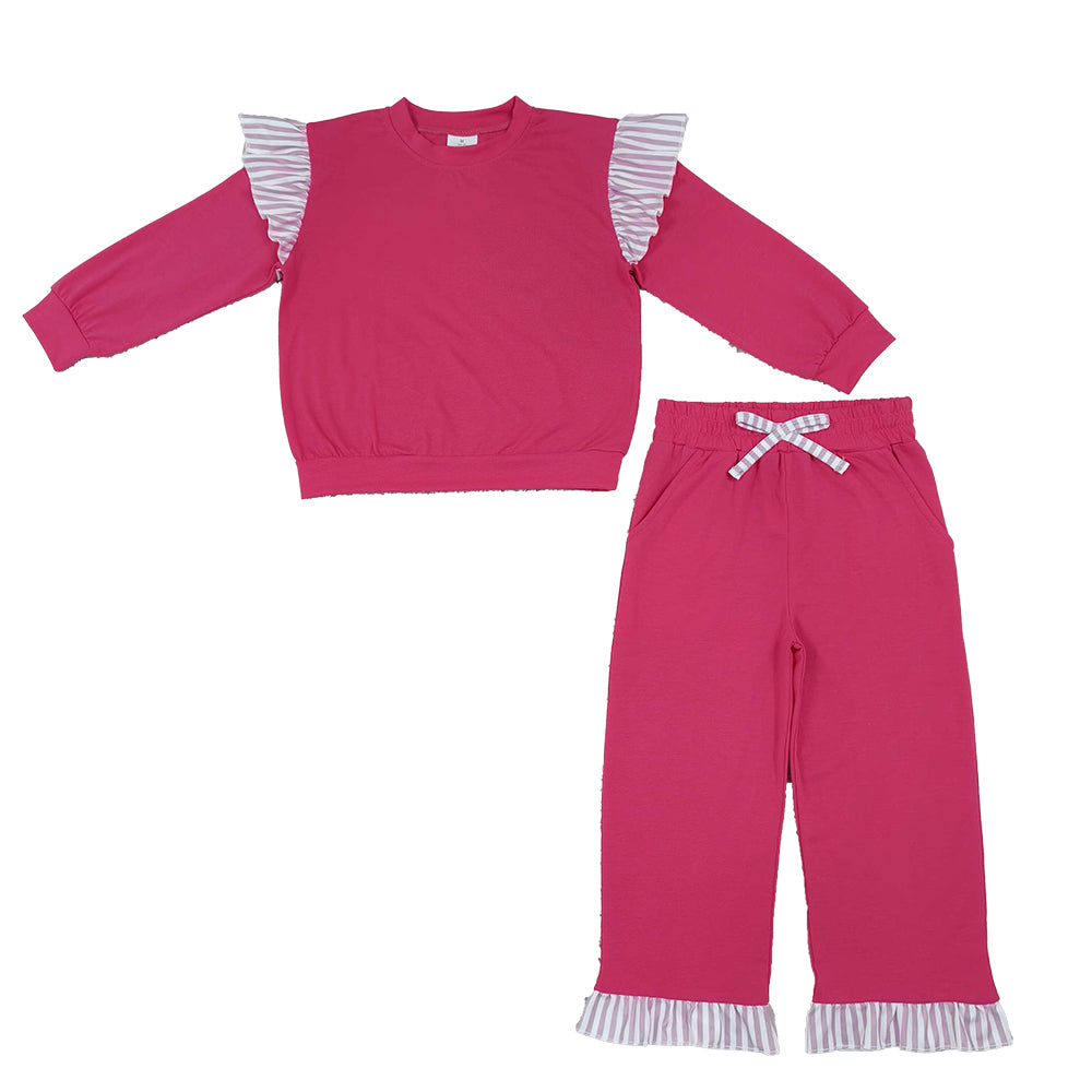 RTS NO MOQ Sibling cotton Baby Girls Solid Long Sleeve Striped Ruffle Top Matching Elastic Waist Jogger Pants Outfit