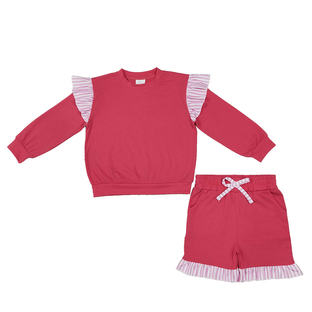 RTS NO MOQ Sibling cotton Baby Girls Solid Long Sleeve Top Striped Ruffle Hem Shorts Drawstring Waist Outfit