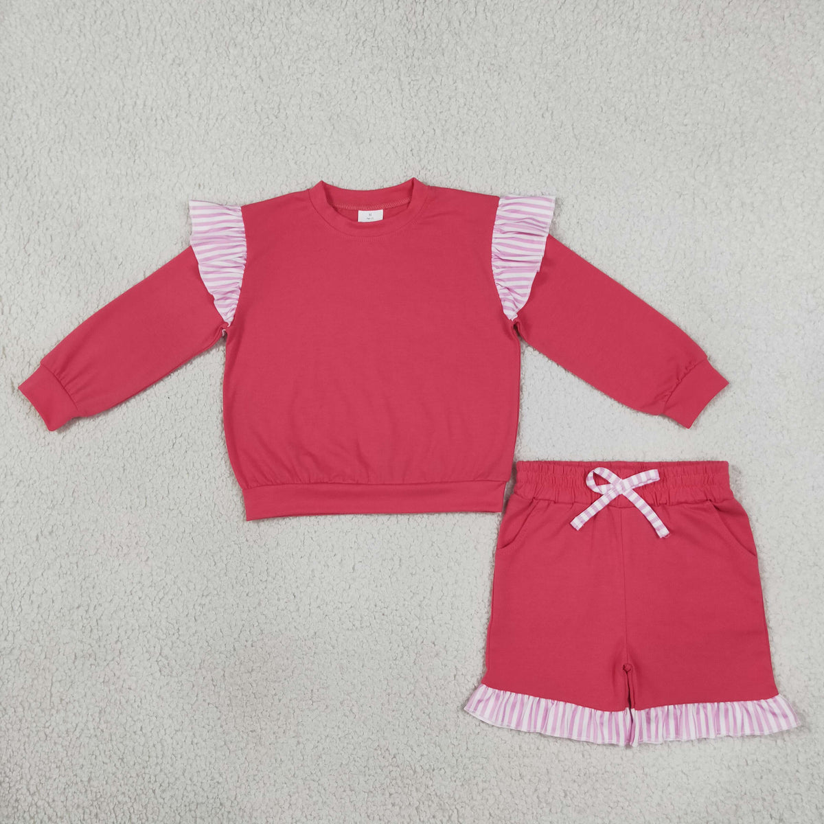RTS NO MOQ Sibling milk silk Baby Girls Stripe Long Sleeve Top Pockets Ruffle Short Clothes Set