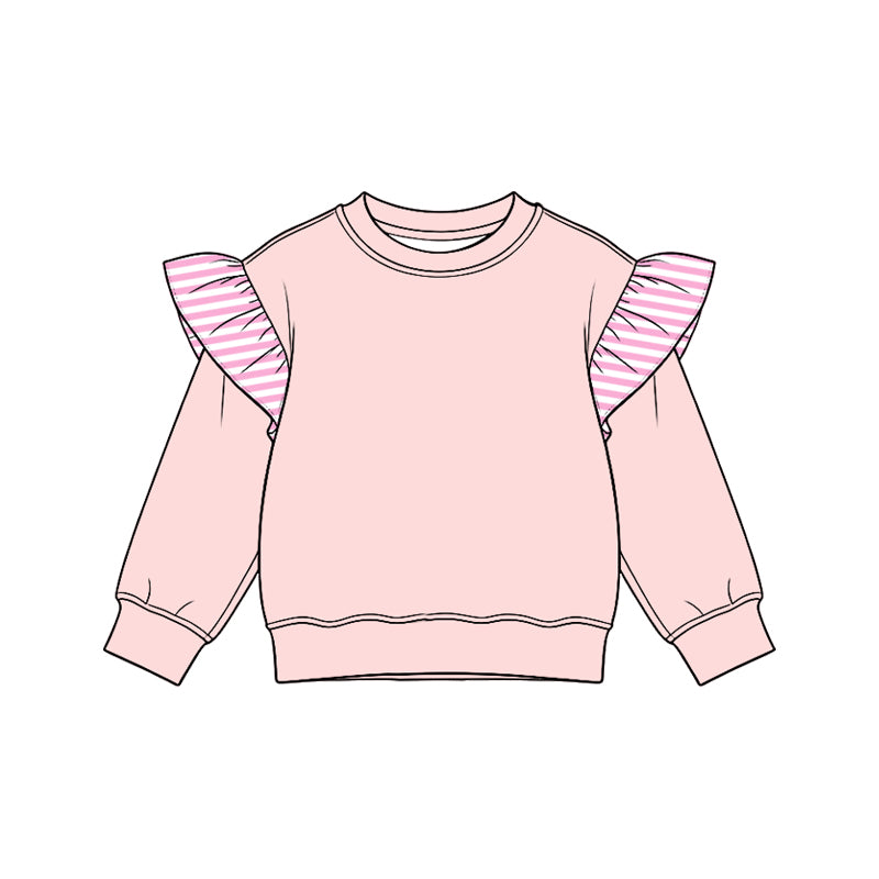 (Preorder new) No moq cotton fabric solid color Baby Girls stripe Flutter long sleeve sweater