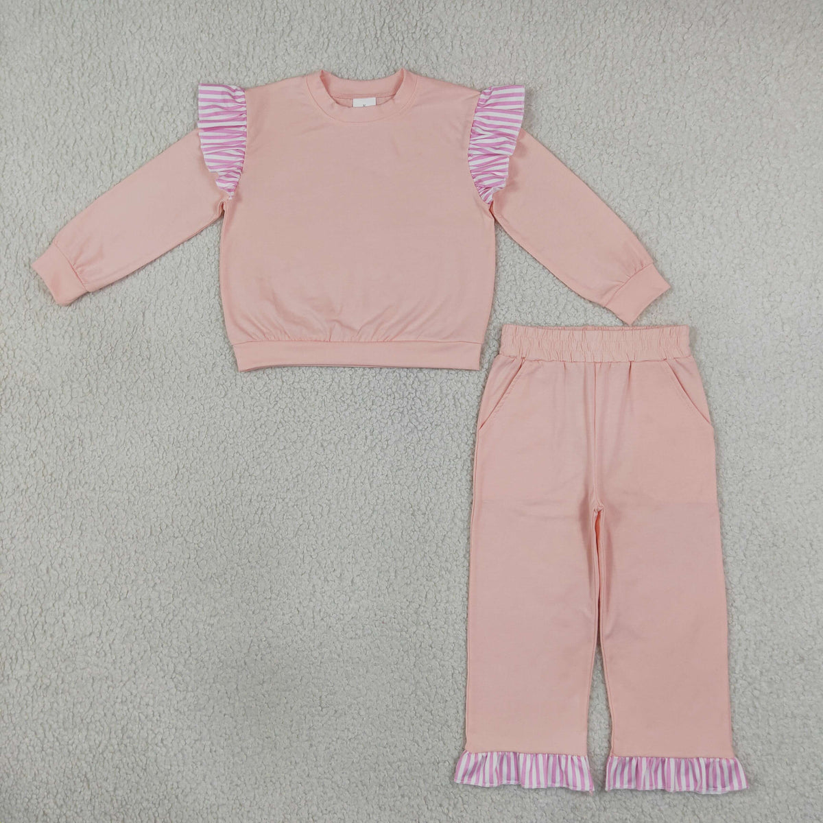 NEW RTS NO MOQ milk silk GLP3702（GT1849+P1151）Baby Girls Long Sleeve Light Pink Top Pockets Ruffle Pant Set