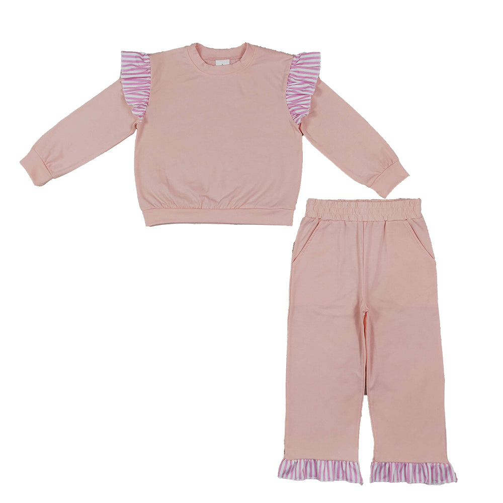 RTS NO MOQ Sibling cotton Baby Girls Solid Long Sleeve Striped Ruffle Top Matching Elastic Waist Jogger Pants Outfit