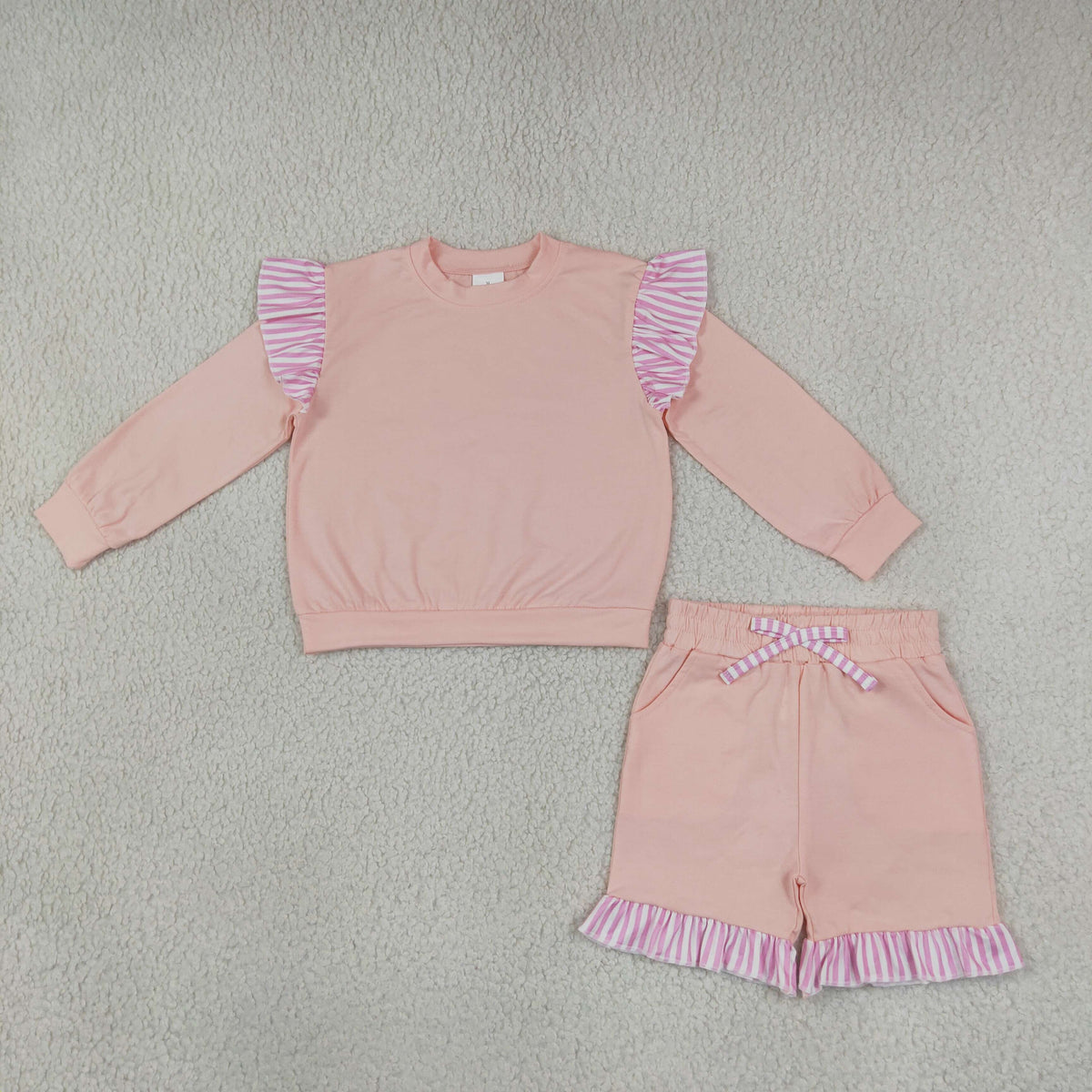 NEW RTS NO MOQ milk silk GLS0222（GT1849+SS0996）Baby Girls Light Pink Stripe Flutter Sleeve Top Pockets Ruffle Short Clothes Set