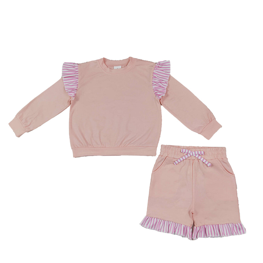 RTS NO MOQ Sibling cotton Baby Girls Solid Long Sleeve Top Striped Ruffle Hem Shorts Drawstring Waist Outfit
