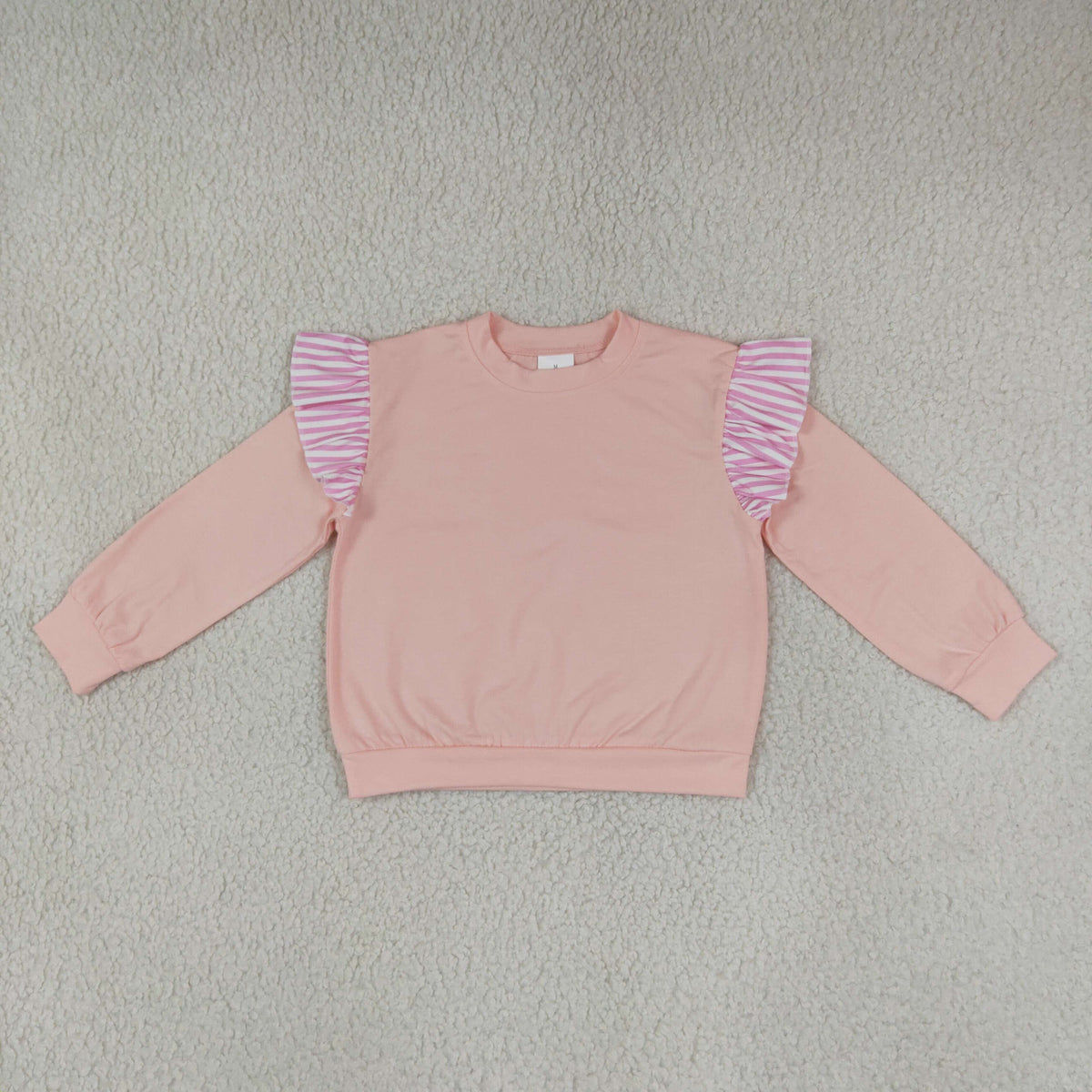 NEW RTS NO MOQ milk silk GT1849 Baby Girls Light Pink Stripe Long Flutter Sleeve Casual T Shirts Top For Daily Wear