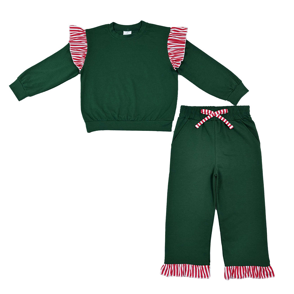 RTS NO MOQ Sibling cotton Baby Girls Solid Long Sleeve Striped Ruffle Top Matching Elastic Waist Jogger Pants Outfit