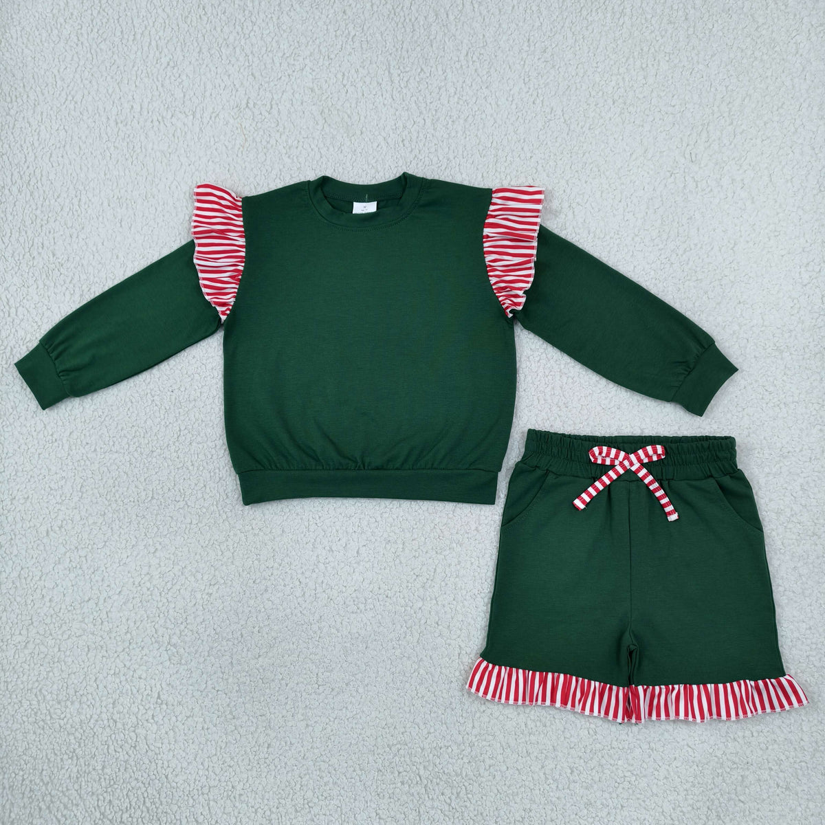 RTS NO MOQ Sibling milk silk Baby Girls Stripe Long Sleeve Top Pockets Ruffle Short Clothes Set