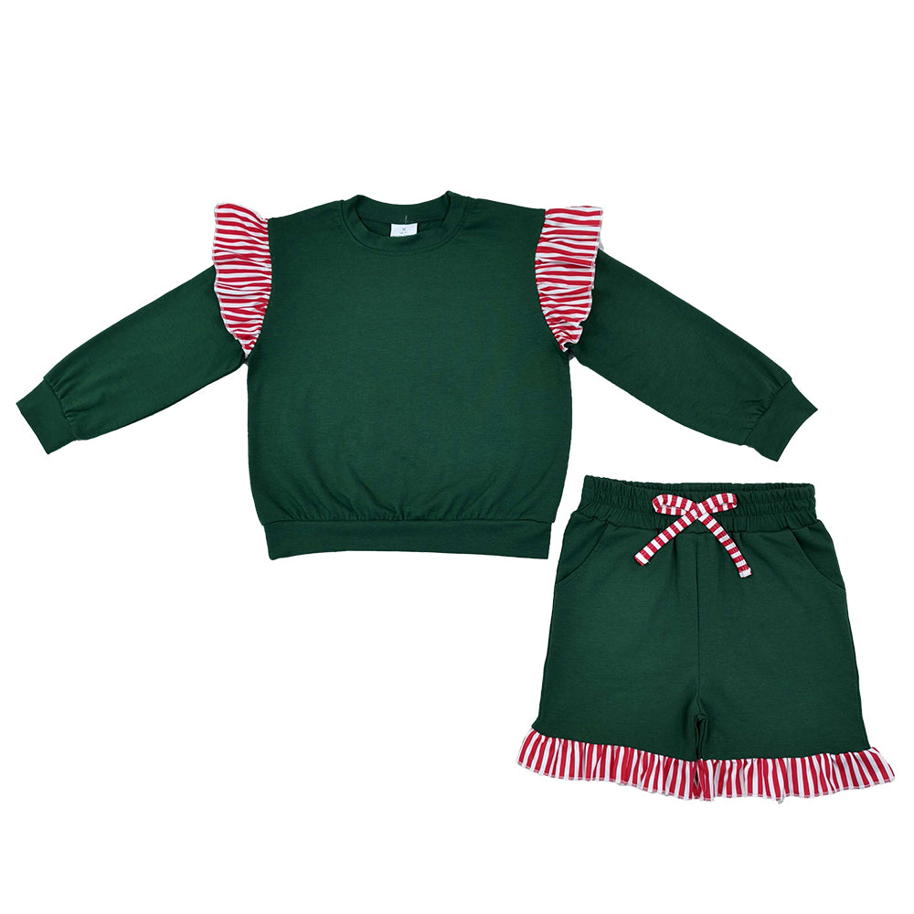RTS NO MOQ Sibling cotton Baby Girls Solid Long Sleeve Top Striped Ruffle Hem Shorts Drawstring Waist Outfit