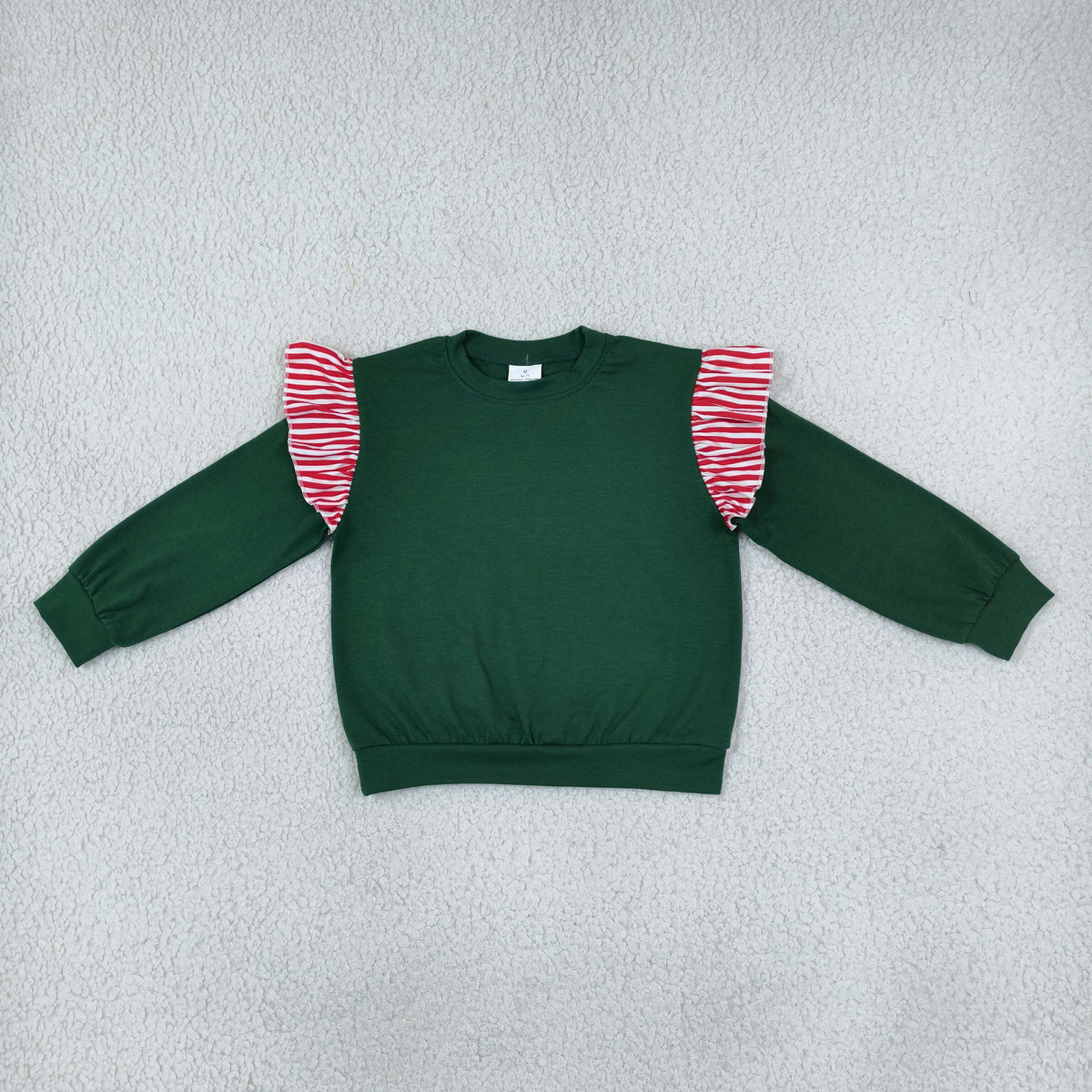NEW RTS NO MOQ milk silk GT1850 Baby Girls Green Red Stripe Long Flutter Sleeve Casual T Shirts Top For Daily Wear