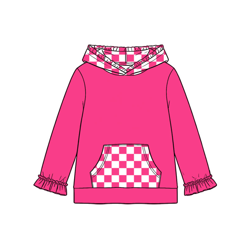 (Preorder new) No moq Baby Girls Checked Pocket Ruffle Hoodies Top Fall Winter Long Sleeve Casual Pullover Shirts