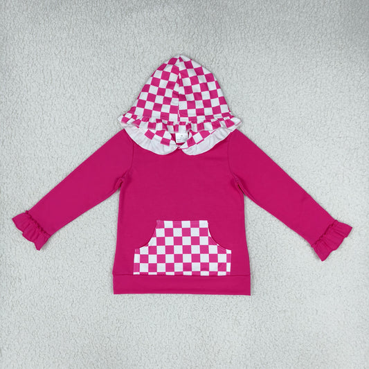 NEW RTS NO MOQ milk silk GT1851 Baby Girls Long Sleeve Hot Pink Checked Pocket Ruffle Hoodies Top