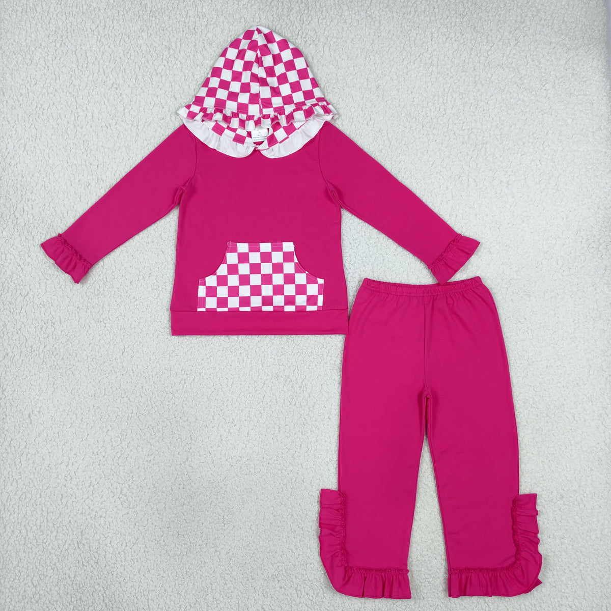 NEW RTS NO MOQ milk silk GT1851+P1161 Baby Girls Hot Pink Checked Pocket Long Sleeve Hoodie Ruffle Pant Outfit