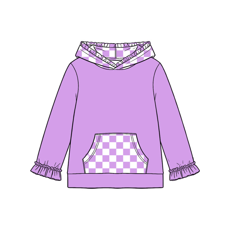 (Preorder new) No moq Baby Girls Checked Pocket Ruffle Hoodies Top Fall Winter Long Sleeve Casual Pullover Shirts