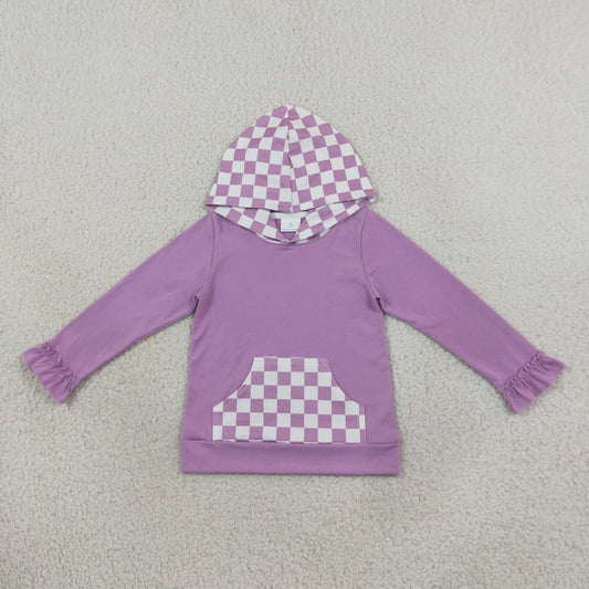 NEW RTS NO MOQ milk silk GT1852 Baby Girls Lavender Checked Pocket Ruffle Casual Long Sleeve Hoodies Top