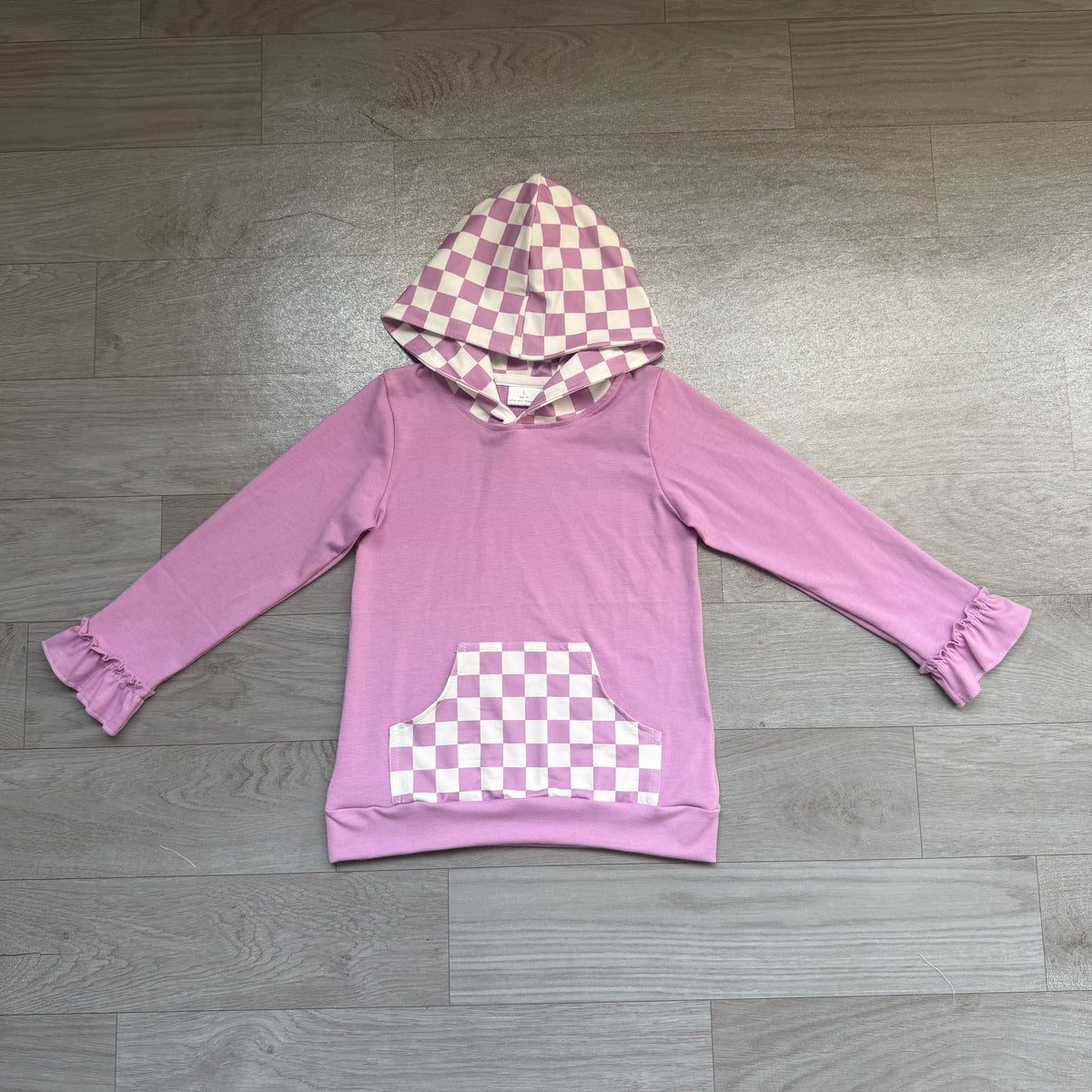 (Sample) No moq milk silk GT1852 Baby Girls Lavender Checked Pocket Ruffle Long Sleeve Hoodies Top