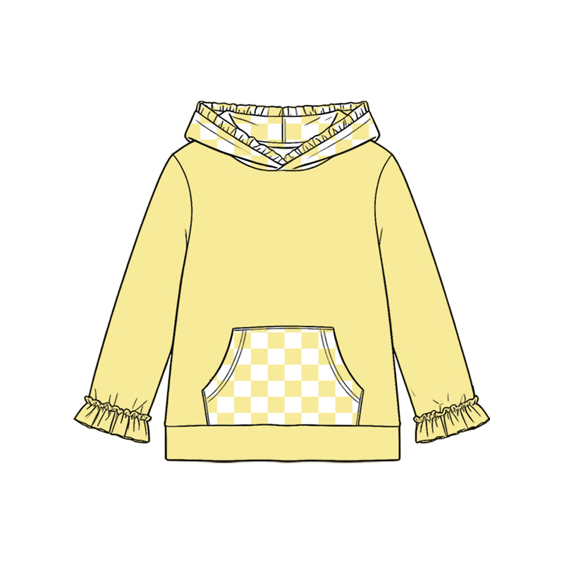 (Preorder new) No moq Baby Girls Checked Pocket Ruffle Hoodies Top Fall Winter Long Sleeve Casual Pullover Shirts
