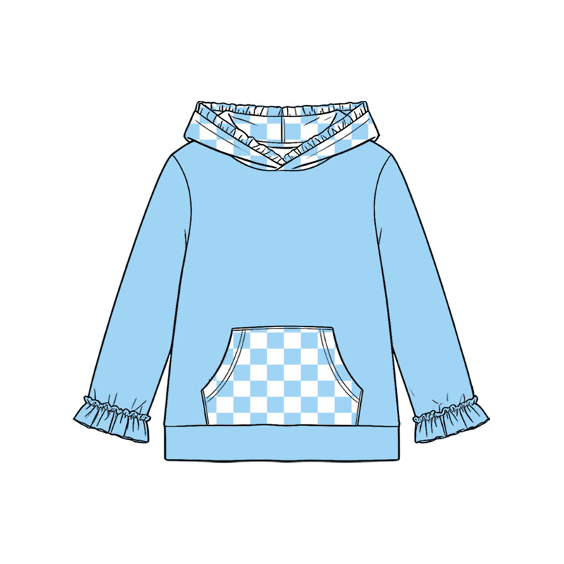 (Preorder new) No moq Baby Girls Checked Pocket Ruffle Hoodies Top Fall Winter Long Sleeve Casual Pullover Shirts