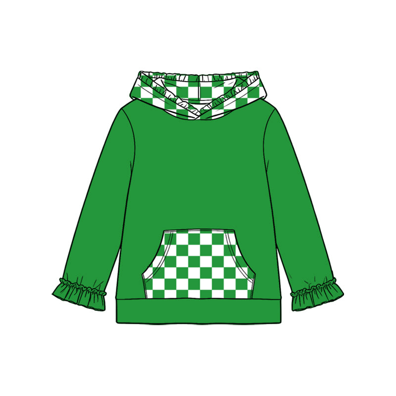 (Preorder new) No moq Baby Girls Checked Pocket Ruffle Hoodies Top Fall Winter Long Sleeve Casual Pullover Shirts