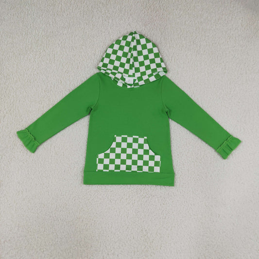 NEW RTS NO MOQ milk silk GT1855 Baby Girls Green Checked Pocket Ruffle Casual Long Sleeve Hoodies Top