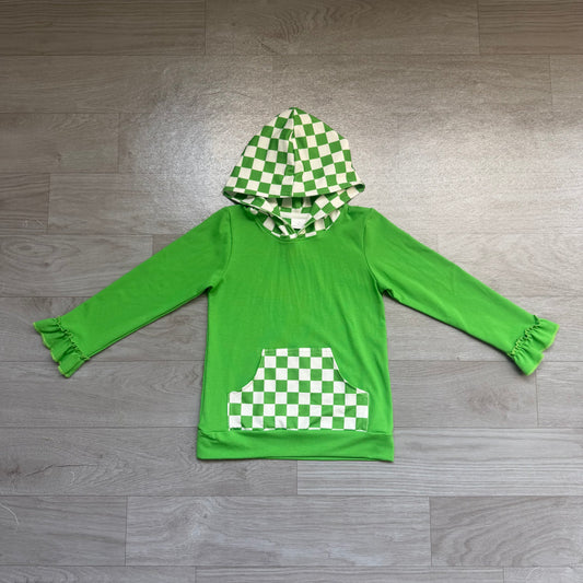 (Sample) No moq milk silk GT1855 Baby Girls Green Checked Pocket Ruffle Long Sleeve Hoodies Top