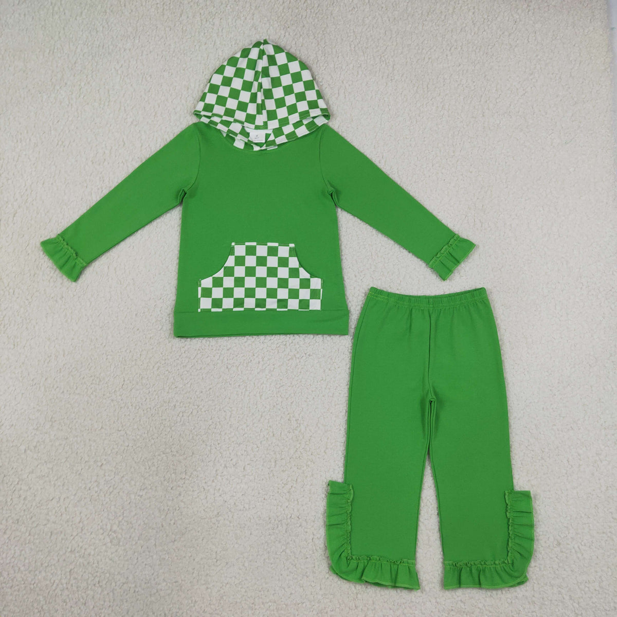 NEW RTS NO MOQ milk silk GLP3714（GT1855+P1165）Baby Girls Green Checked Pocket Long Sleeve Hoodie Ruffle Pant Outfit