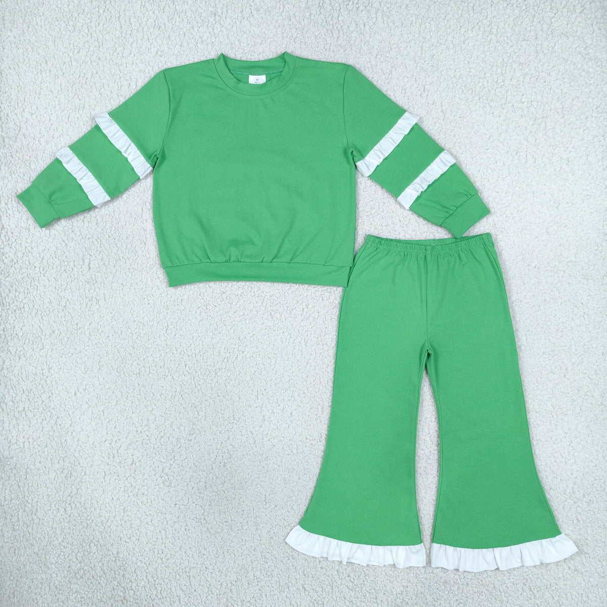 RTS NO MOQ Sibling cotton Baby Girls Solid Color White Double Ruffle Sleeve Top Ruffle Hem Bell Bottom Pants Set