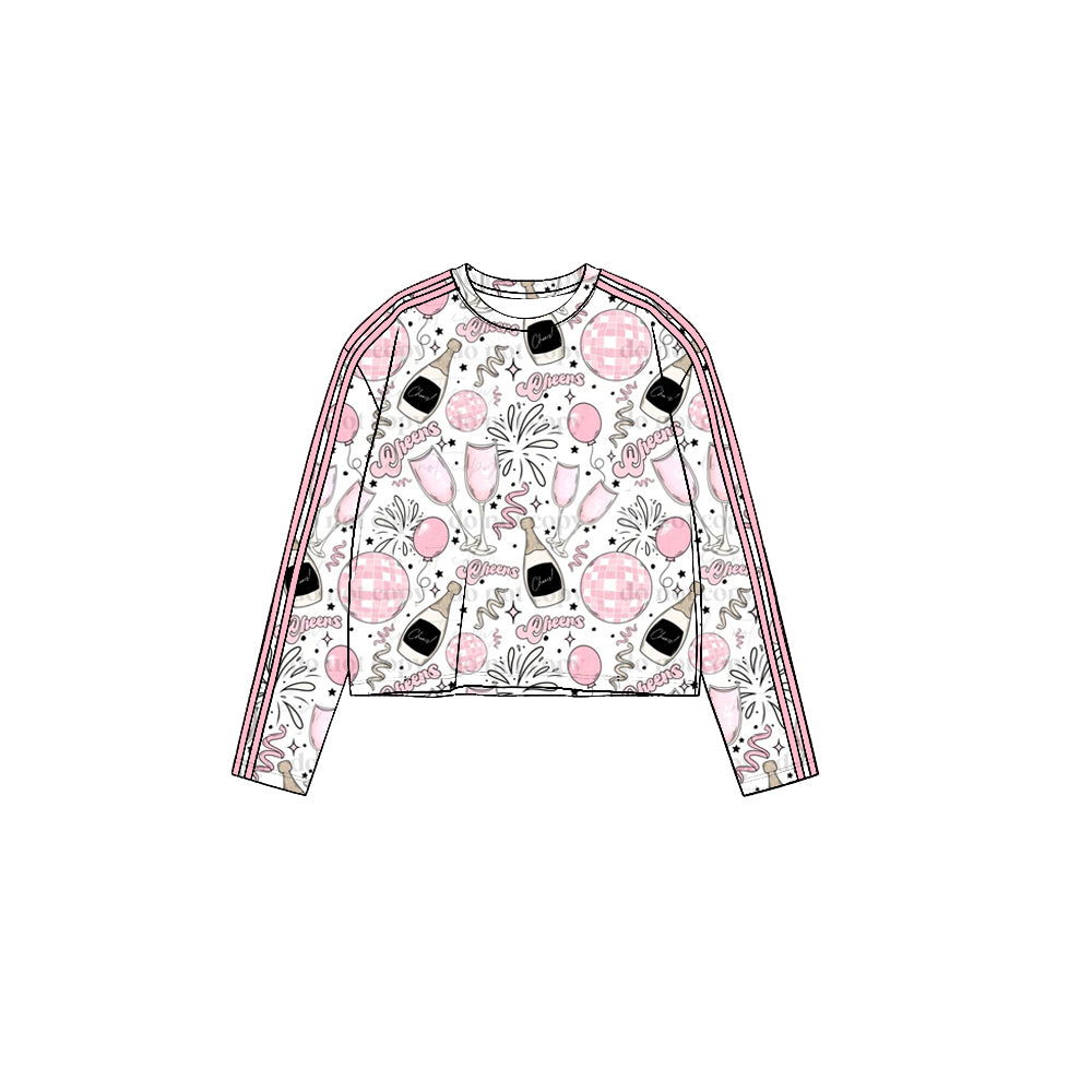 (Preorder new) No moq Yoga Toddler Girls New Year Cheers Print Long Sleeve Pink Side Stripe Crew Neck Crop Top