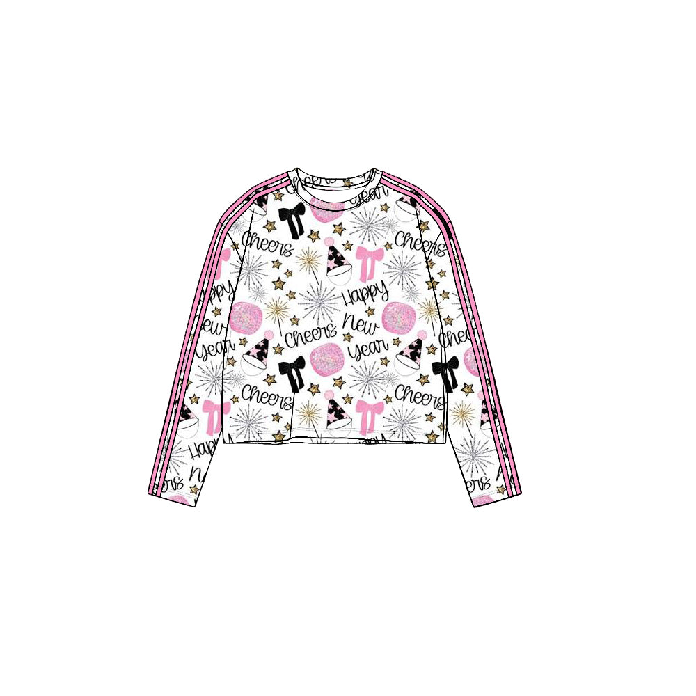 (Preorder new) No moq Yoga Toddler Girls New Year Cheers Print Long Sleeve Pink Side Stripe Crew Neck Crop Top