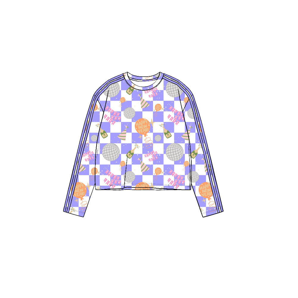 (Preorder new) No moq Yoga Toddler Girls New Year Cheers Print Long Sleeve Pink Side Stripe Crew Neck Crop Top
