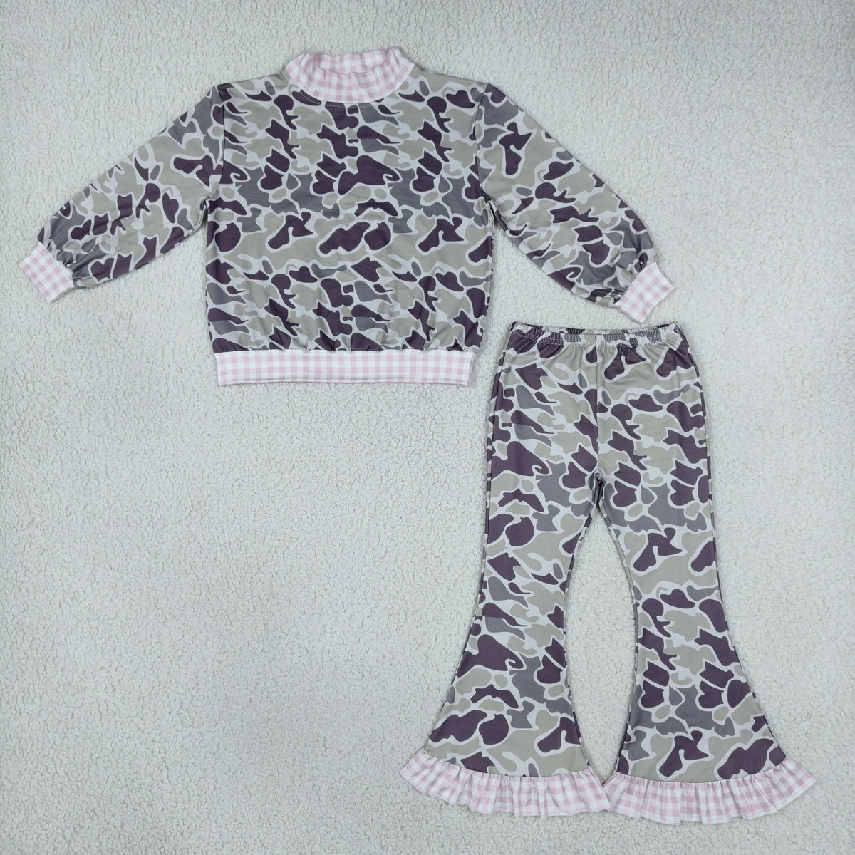 NEW RTS NO MOQ milk silk GLP3736（GT1873+P1184）High Neck Baby Girls Grey Camo Choker Top Ruffle Flare Pant Set