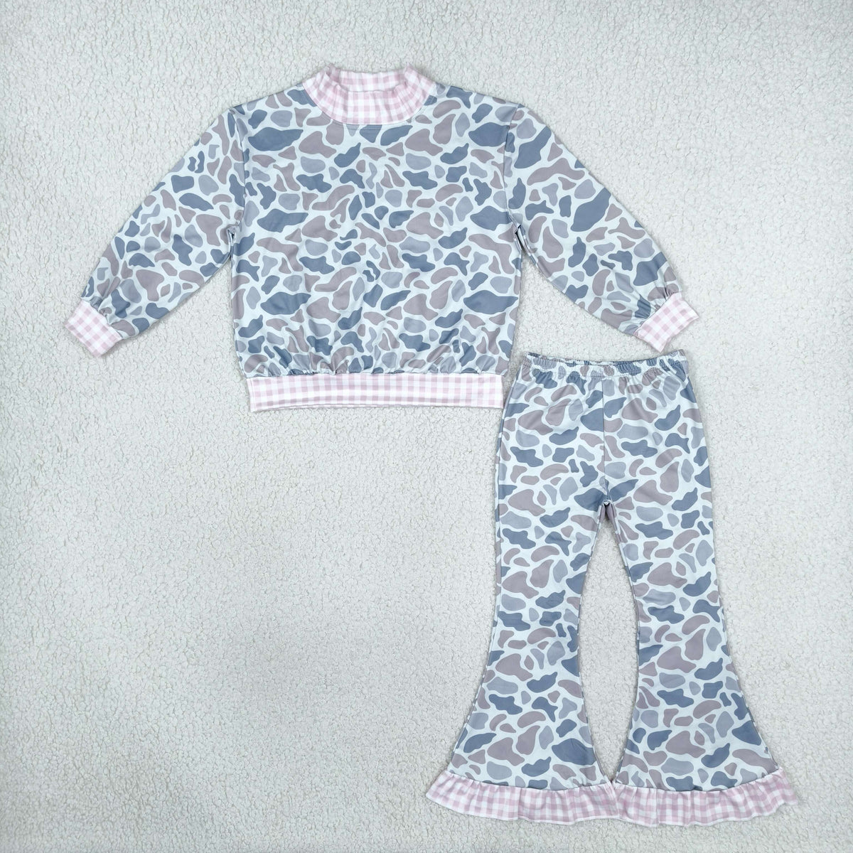 NEW RTS NO MOQ milk silk GT1874+P1185 High Neck Baby Girls Grey Camo Choker Top Ruffle Flare Pant Set（副本）