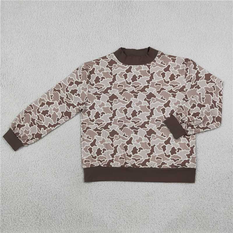 RTS NO MOQ Sibling milk silk Adult To Match Kids High Neck Brown Camo Print Long Sleeve Top And Baby Bubble Romper
