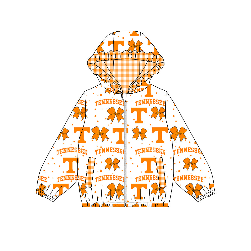 (Preorder new) No moq GT1917 Baby Girls Bows Team Ruffle Hoodie Pockets Long Sleeve Zip Jackets Top