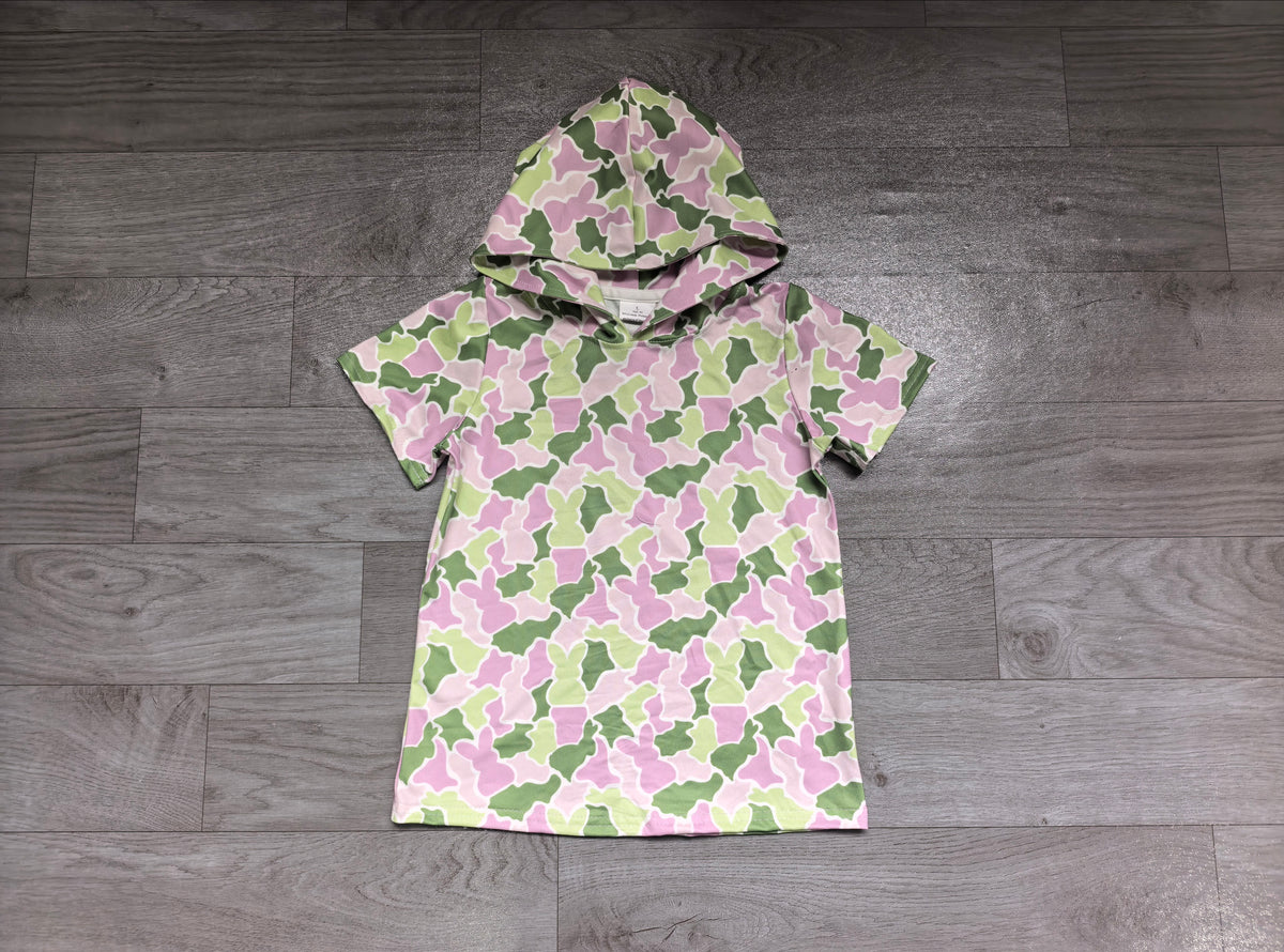 (Sample) No moq milk silk GT1918 Baby Girls Green Pink Camo With Rabbit Print Easter Short Sleeve Hoodies Top