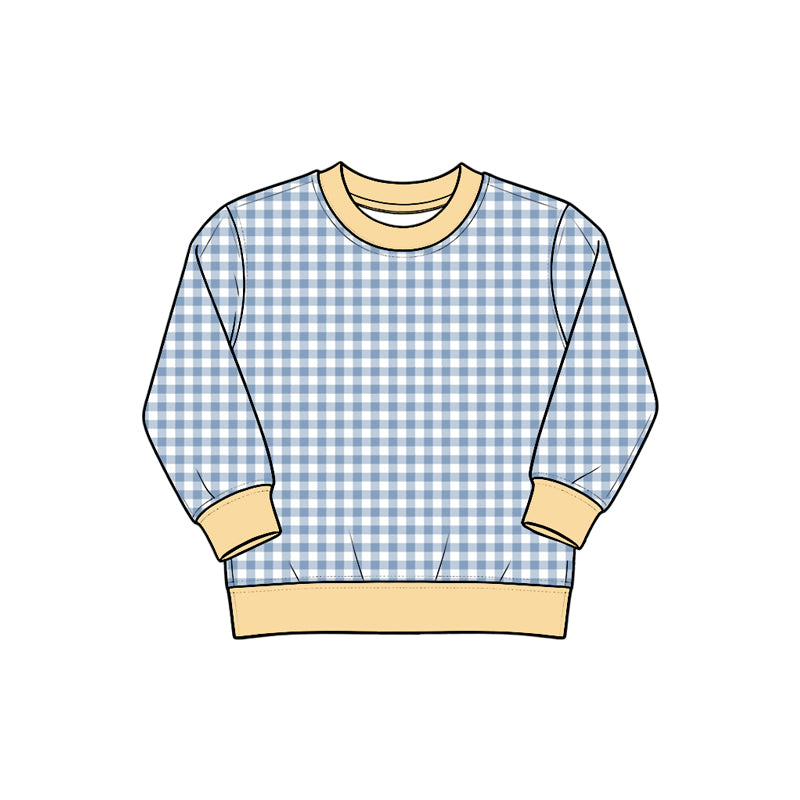 (Preorder new) No moq Yoga Baby Girls Plaid Long Sleeve Sweatshirt Contrast Cuff Hem Crew Neck Casual Kids Pullover Top