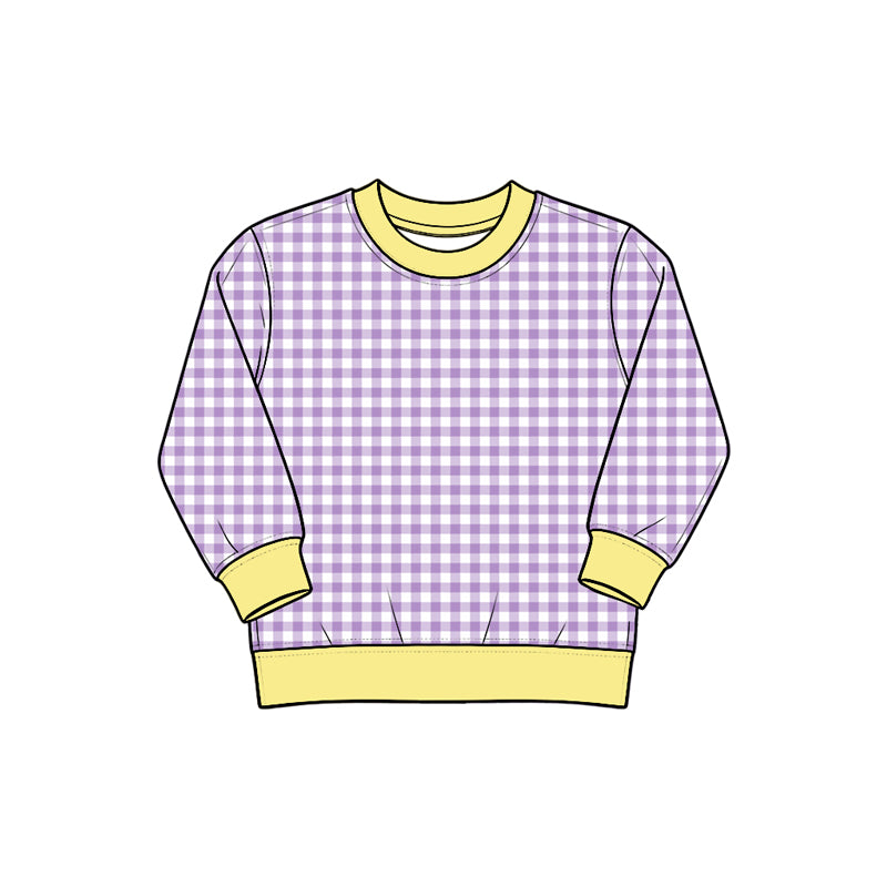 (Preorder new) No moq Yoga Baby Girls Plaid Long Sleeve Sweatshirt Contrast Cuff Hem Crew Neck Casual Kids Pullover Top