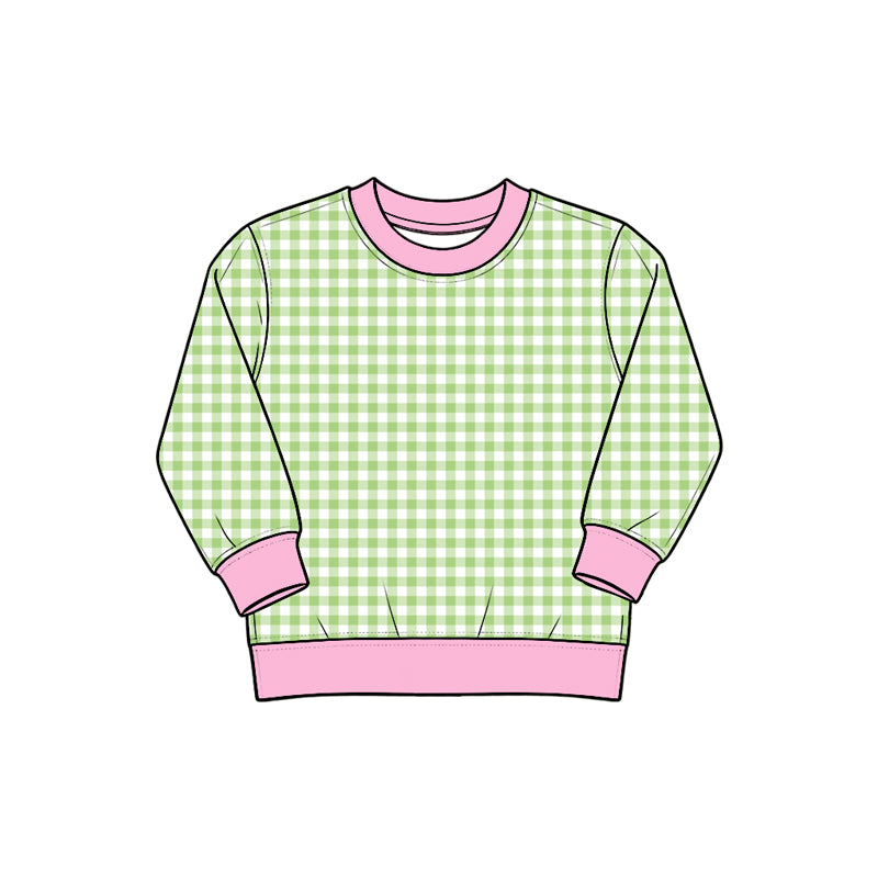 (Preorder new) No moq Yoga Baby Girls Plaid Long Sleeve Sweatshirt Contrast Cuff Hem Crew Neck Casual Kids Pullover Top