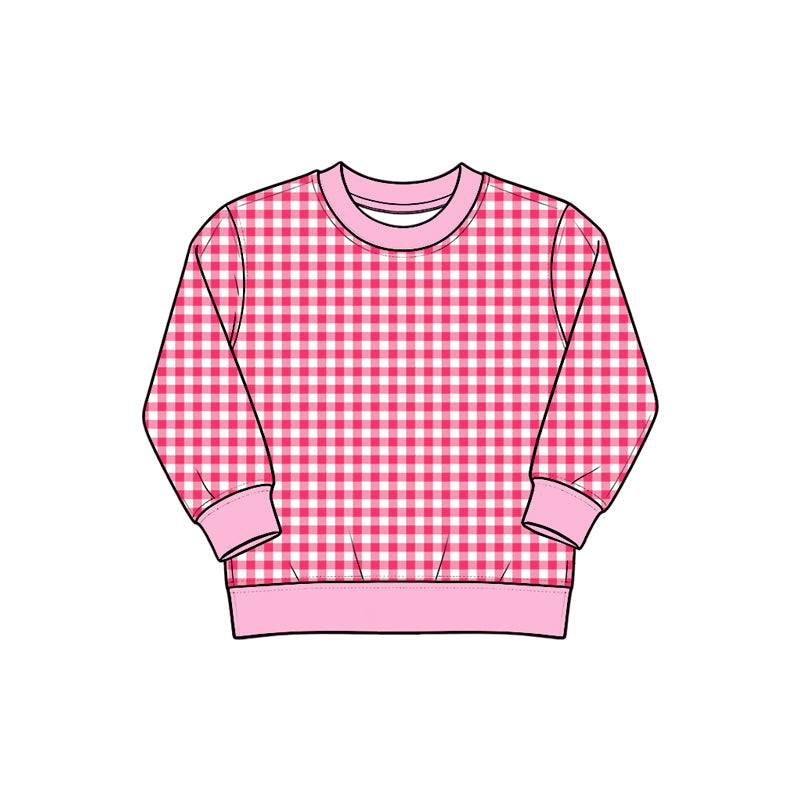 (Preorder new) No moq Yoga Baby Girls Plaid Long Sleeve Sweatshirt Contrast Cuff Hem Crew Neck Casual Kids Pullover Top
