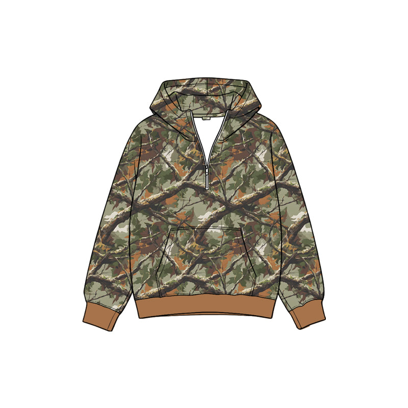 (Preorder new) No moq GT1937 Baby Girls Brown Leaves Camo Zip Pocket Hoodies Top Casual Hooded Top