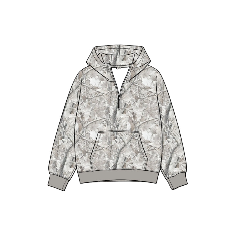 (Preorder new) No moq GT1938 Baby Grey Leaves Camo Zip Pocket Hoodies Top Casual Hooded Top